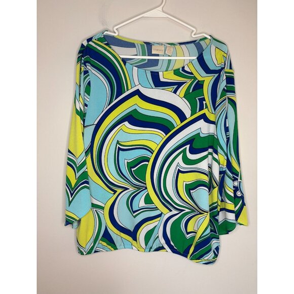 CHICO'S Colorful Cold Shoulder Top Womens L (2) Blue Green 70s Stretch - Picture 1 of 8
